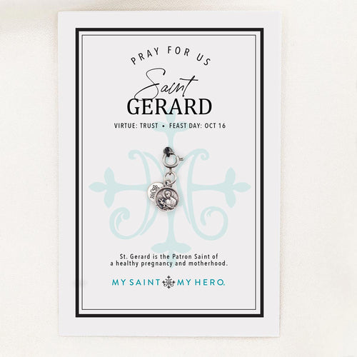 Round petite St. Gerard silver tone medal on a Saint Card