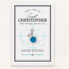 Saint Christopher Blue Enamel Medal on an inspirational product card with feast day and saint virtue