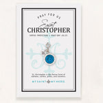 Saint Christopher Blue Enamel Medal on an inspirational product card with feast day and saint virtue
