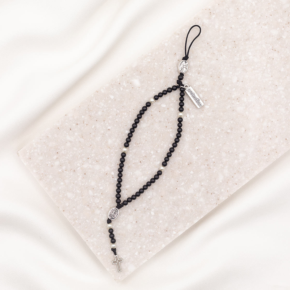 Archangel Michael Phone Charm Rosary with Crystal Pearls/ Shungite/Black Agate