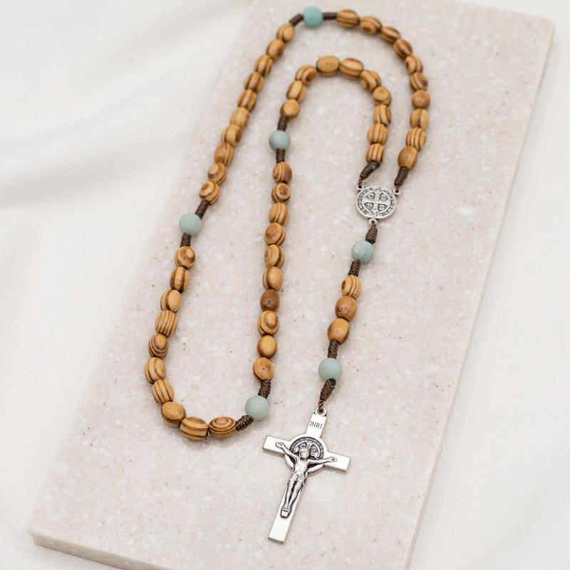 Long Wood Rosary Necklace with Round Beads