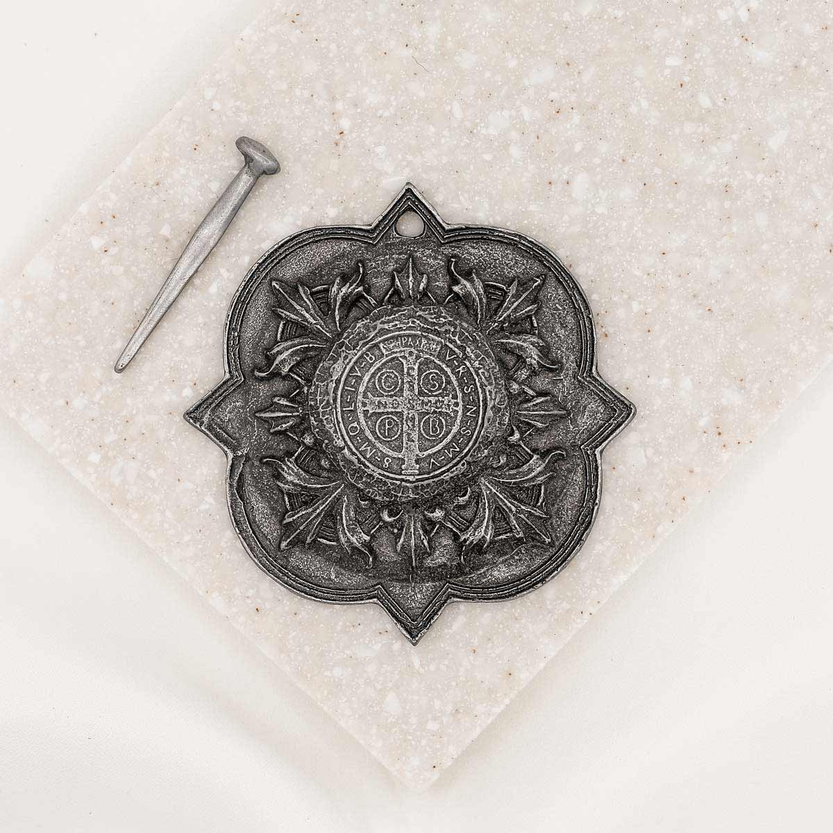 Iron Forged House Blessing Medallion - Saint Benedict Medal with rustic nail