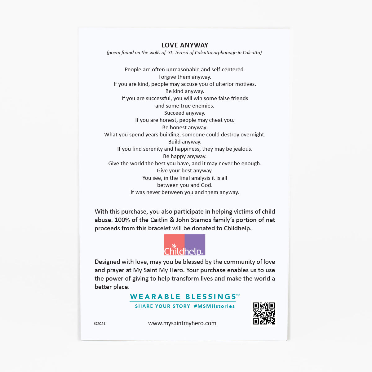 Love Lights the Way for Kids - St. Amos Crystal Pearl Bracelet Product Card Back with a poem attributed to Mother Teresa