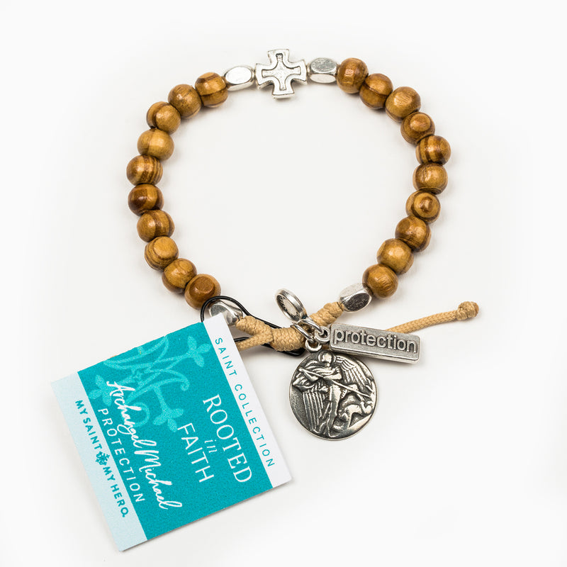 Rooted in Faith Olive Wood Blessing Bracelet with Saint Medal, Archangel Michael