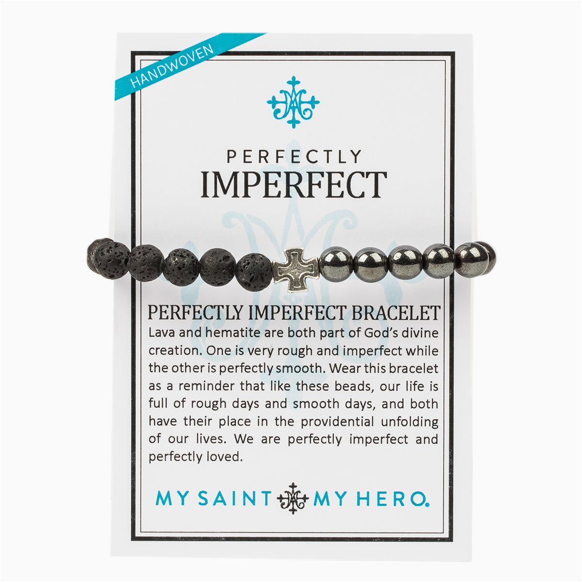 Perfectly Imperfect Hematite and Lava Bead Handwoven Bracelet with Silver Tone Cross Medal on Inspirational Card