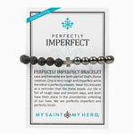 Perfectly Imperfect Hematite and Lava Bead Handwoven Bracelet with Silver Tone Cross Medal on Inspirational Card