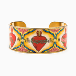 Holy Family Everlasting Heart of God Cuff Bracelet  -Holy Family Cuff features an image designed for My Saint My Hero by Icon Artist Vivian Imbruglia. Epoxy printed gold plated cuff. 1" height, 2.4" x 1.75" interior dimension.