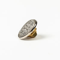 Armor of Protection Saint Benedict Pocket Pin silver tone medal seen from the side
