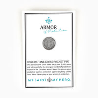 Armor of Protection Benedictine Cross Pocket Pin on Inspirational Card