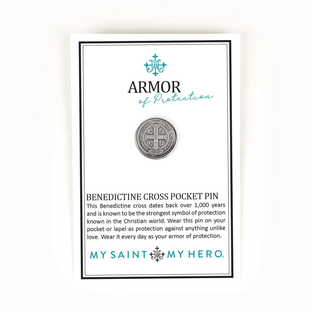 Armor of Protection Benedictine Cross Pocket Pin on Inspirational Card