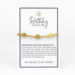 Birthday Blessing Bracelet on Inspirational Gift Card gold tone beads and St. Benedict Medals