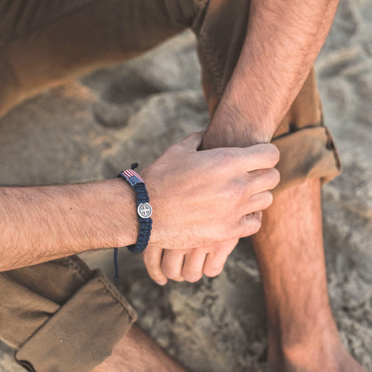 God Bless America Woven Benedictine  Medal of Protection Blessing Bracelet for Men with American Flag