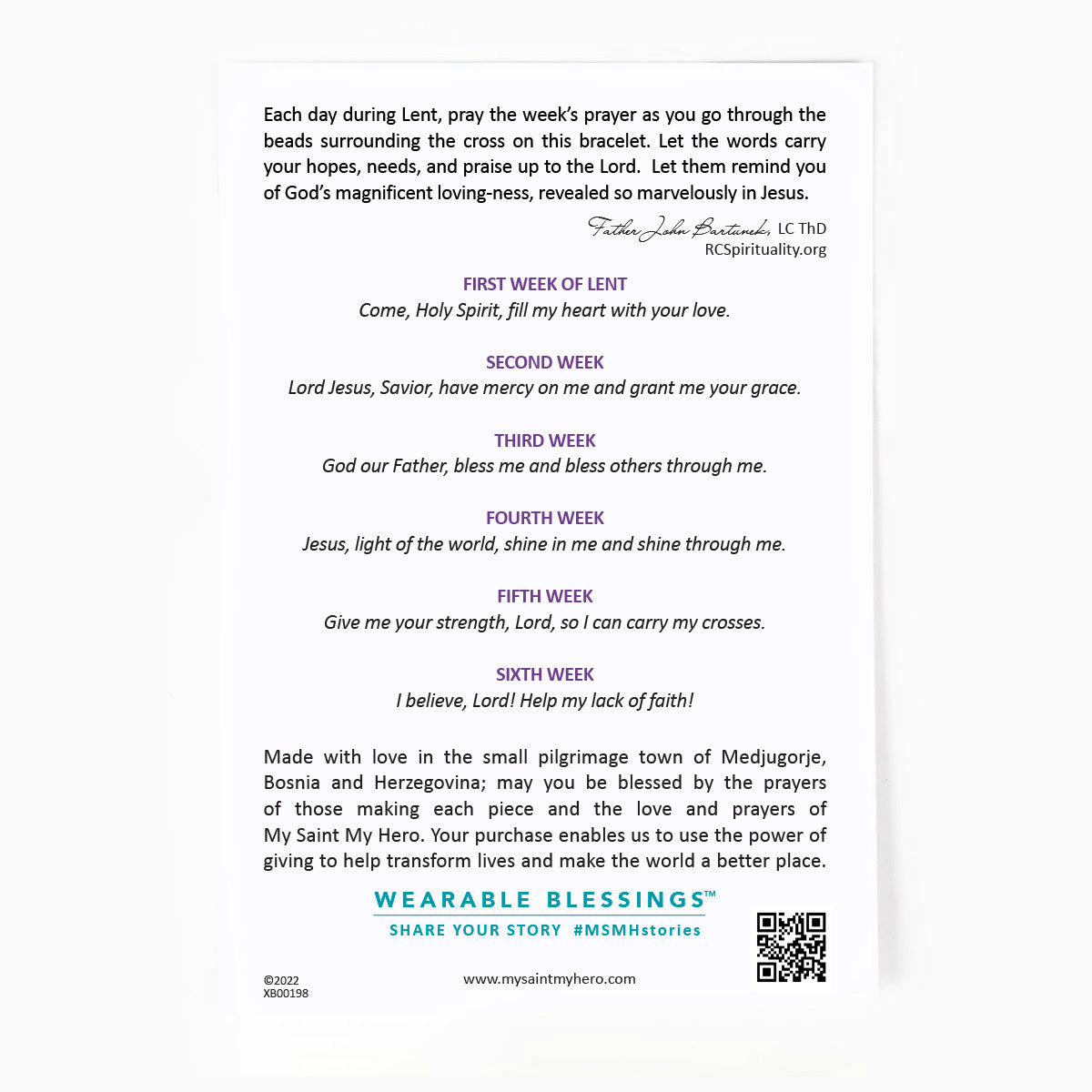 Living Lent Blessing Bracelet inspirational card back with weekly prayers.