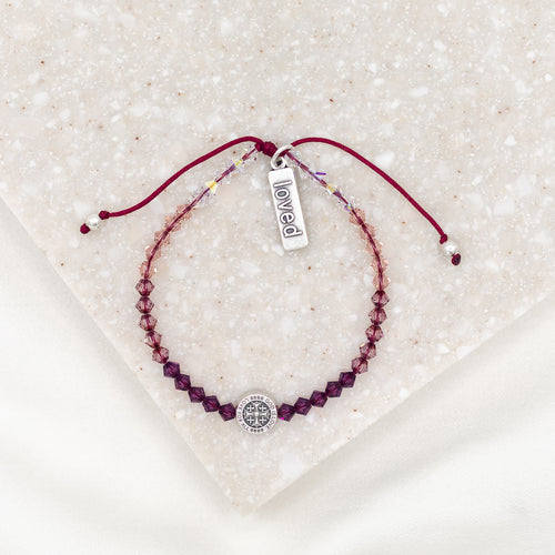 Living Lent Purple Crystal Ombre Bracelet with silver tone StAmos Medal and loved charm
