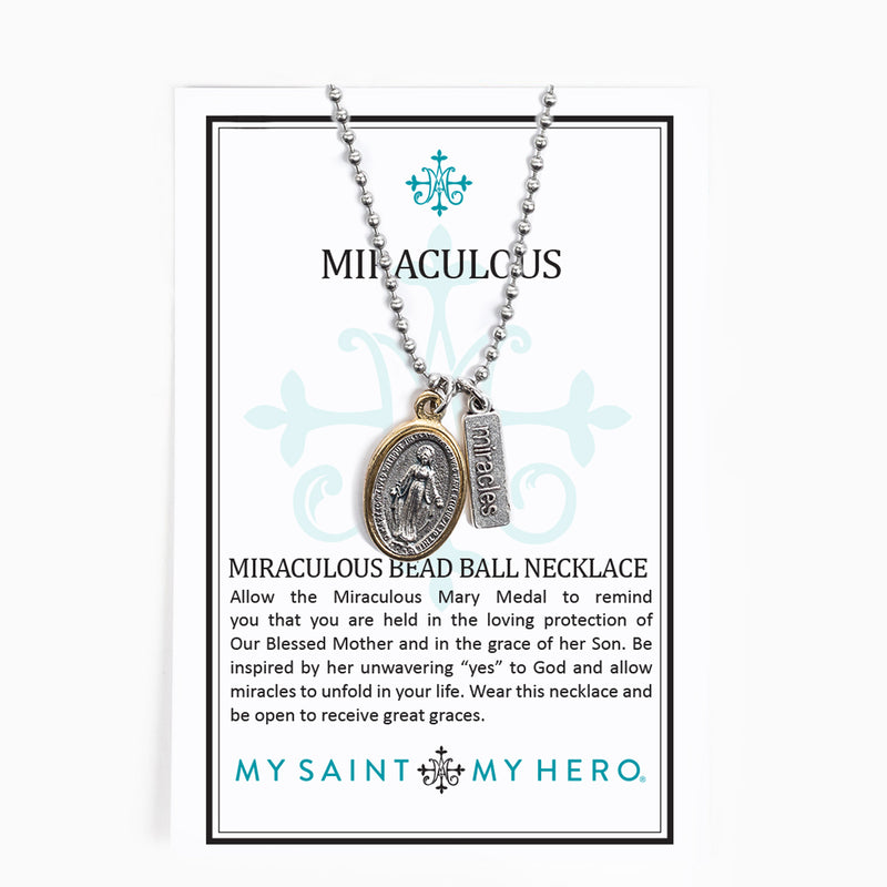 Miraculous Mary Gold Rim Bead Ball Necklace Inspirational Card