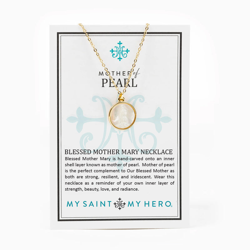 Mother of Pearl Blessed Mother Mary Pendant Necklace on My Saint My Hero Inspirational Messaging Jewelry Card