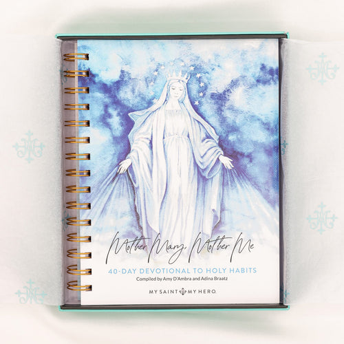 A devotional journal titled 'Mother Mary, Mother Me' with an artistic depiction of the Virgin Mary on the cover, surrounded by a halo with writing that reads '40 DAY DEVOTIONAL TO HOLY HABITS'. Co-Authors Amy D'Ambra and Adina Braatz