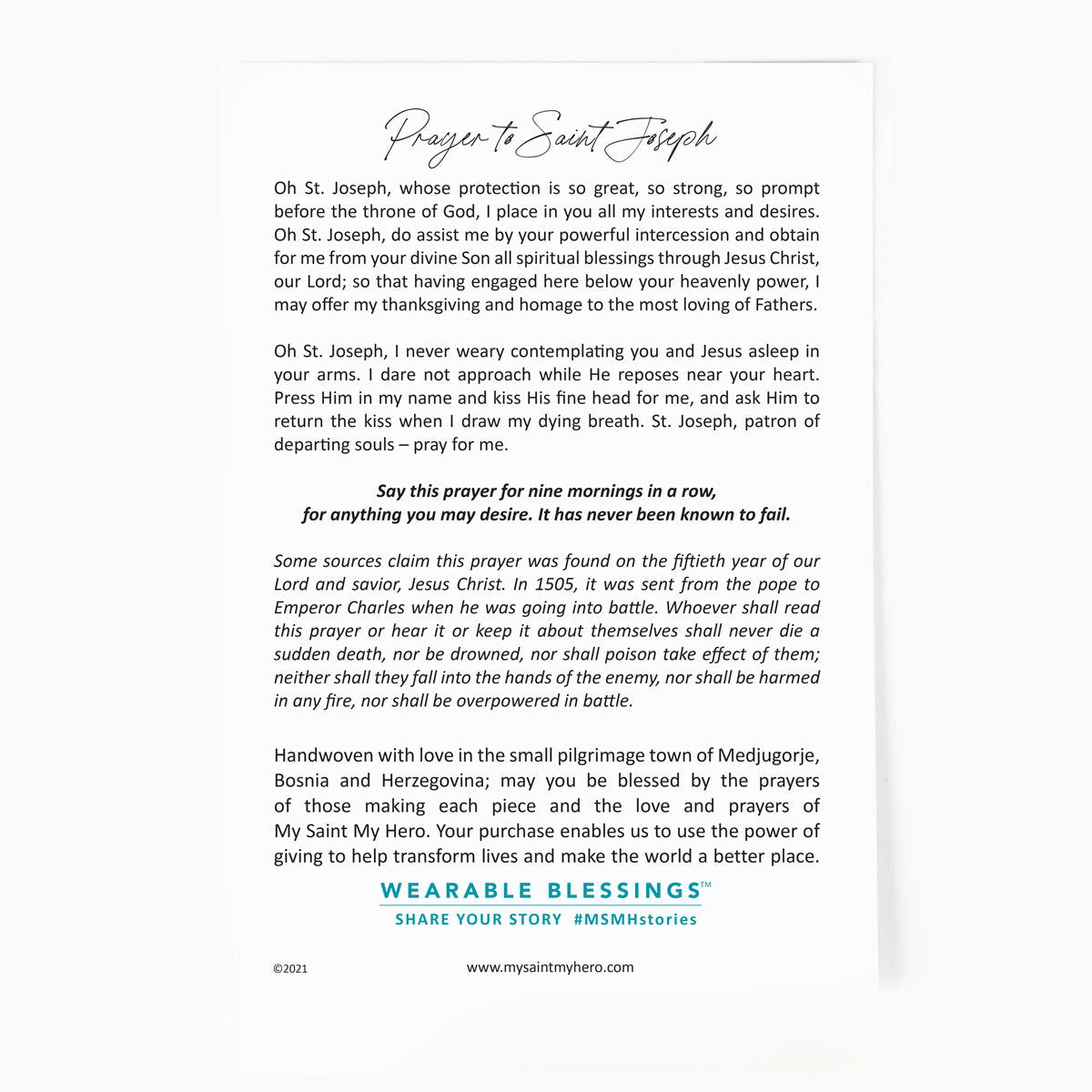 Back of the My Saint My Hero St. Joseph Blessing Bracelet product card with a Prayer to St. Joseph