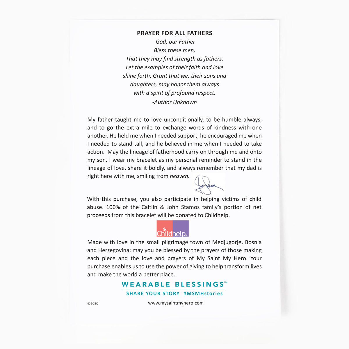 The back of the A Father's Love Blessing for My Child Bracelet with the story of the inspiration behind the bracelet by John Stamos