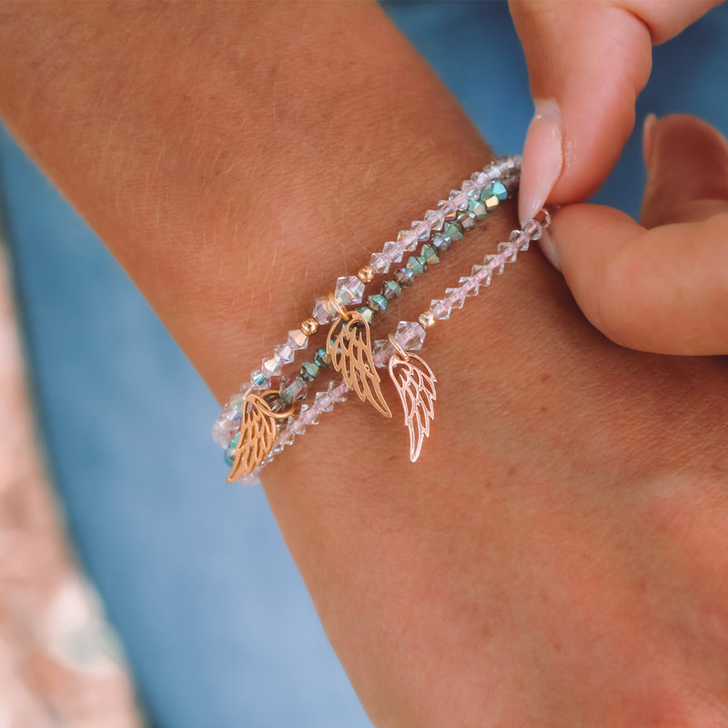 Premium Crystal pink and gray beaded bracelets with angel wing charms