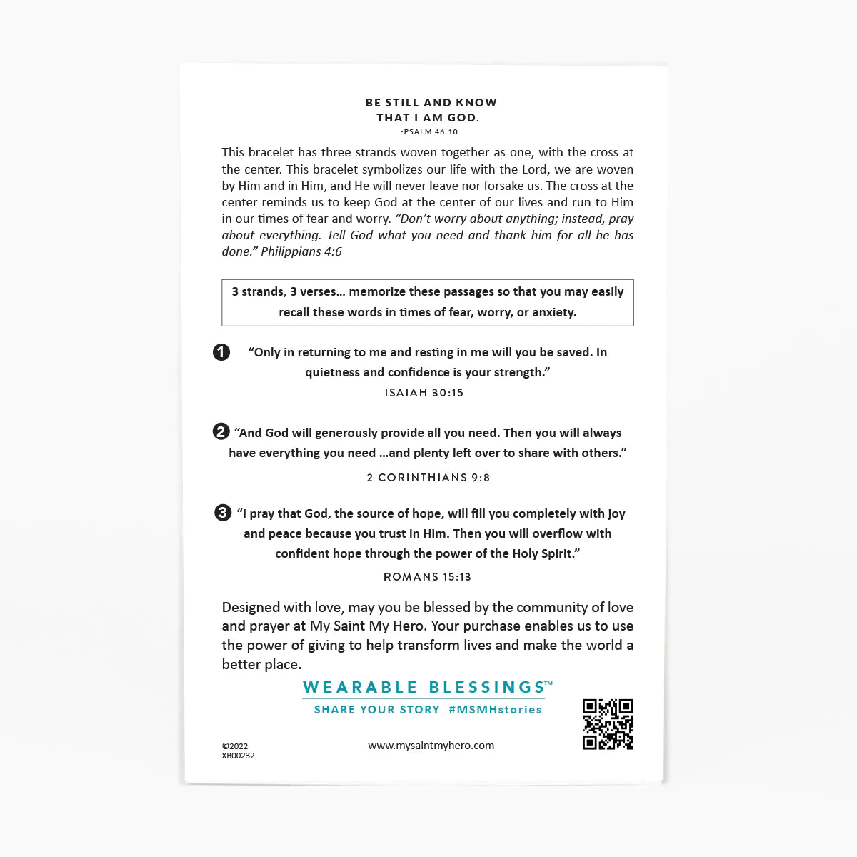 Be Still product card back with three Bible verses