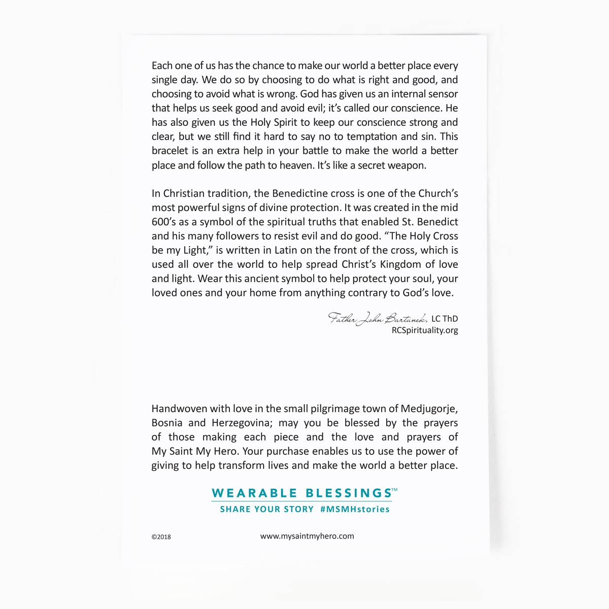Benedictine Blessing Bracelets come on an inspirational card with the story of the Benedictine Medal of protection