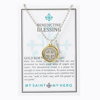 Benedictine Blessing Gold Rim Necklace on Inspirational Card with the story of the Benedictine Medal of Protection