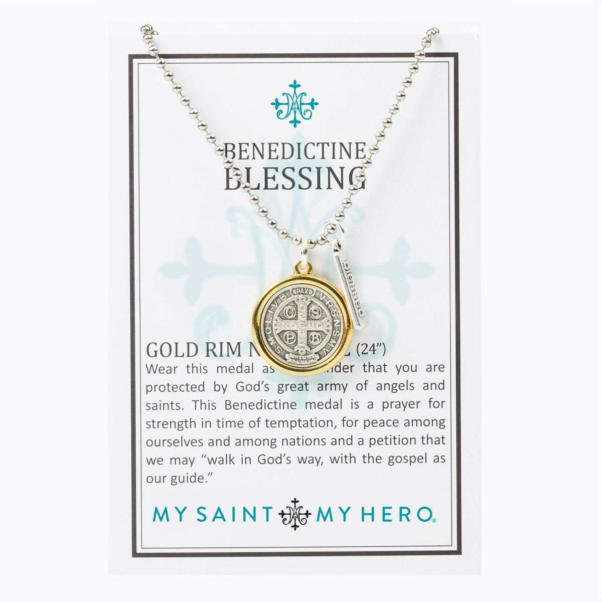 Benedictine Blessing Gold Rim Necklace on Inspirational Card with the story of the Benedictine Medal of Protection