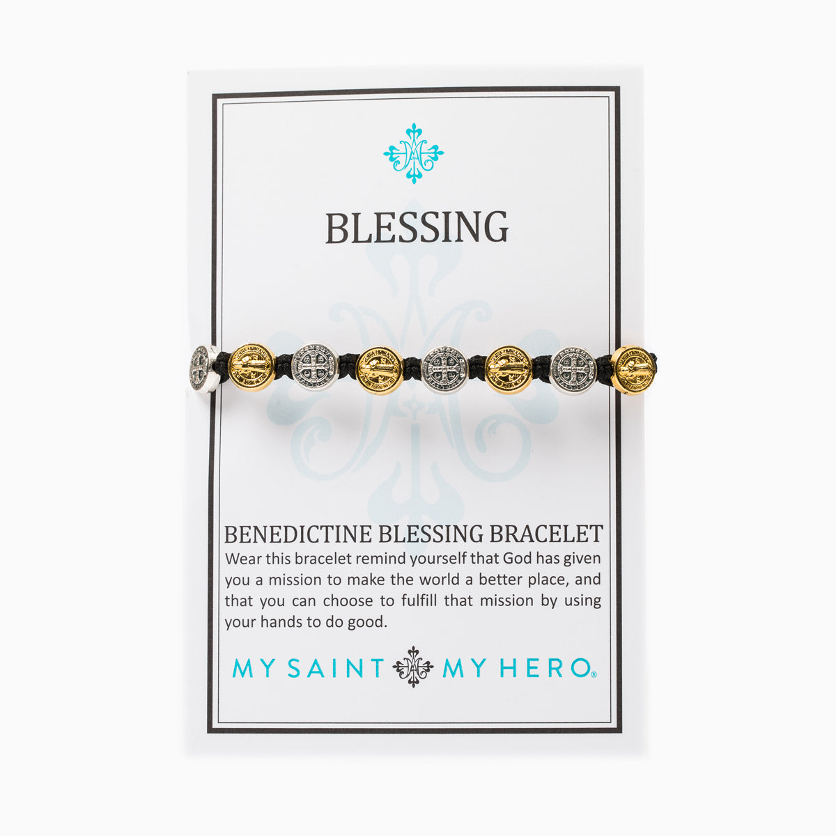 Benedictine Blessing Bracelet with black cording silver and gold St. Benedict medals on a product card