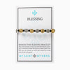 Benedictine Blessing Bracelet with black cording silver and gold St. Benedict medals on a product card