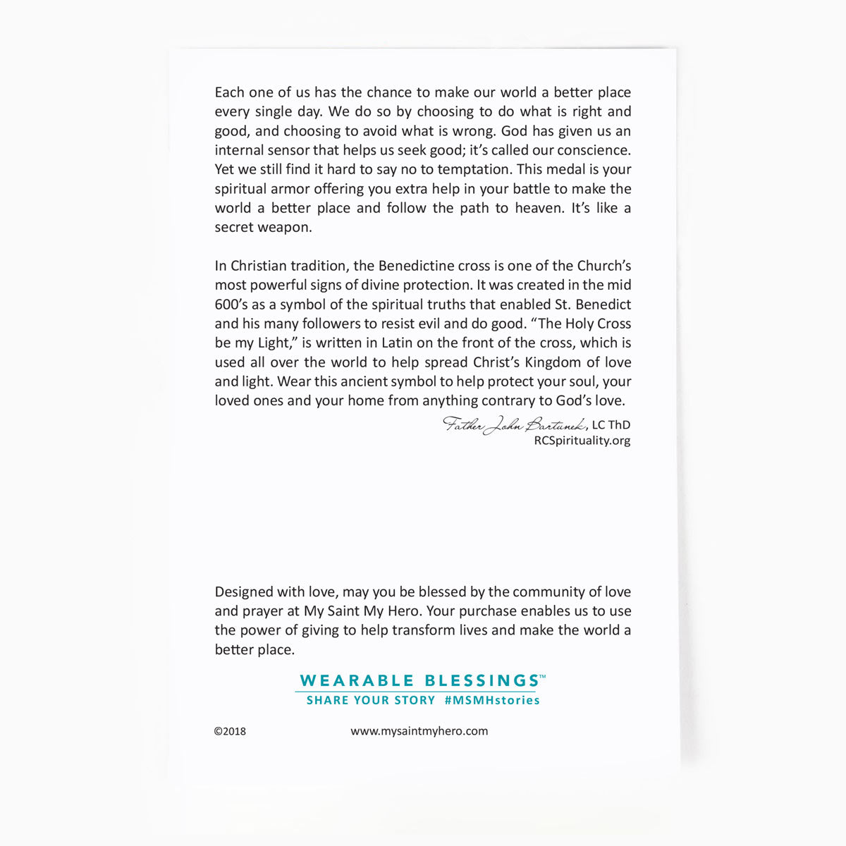 Back of the Saint Benedict Petite Necklace Card