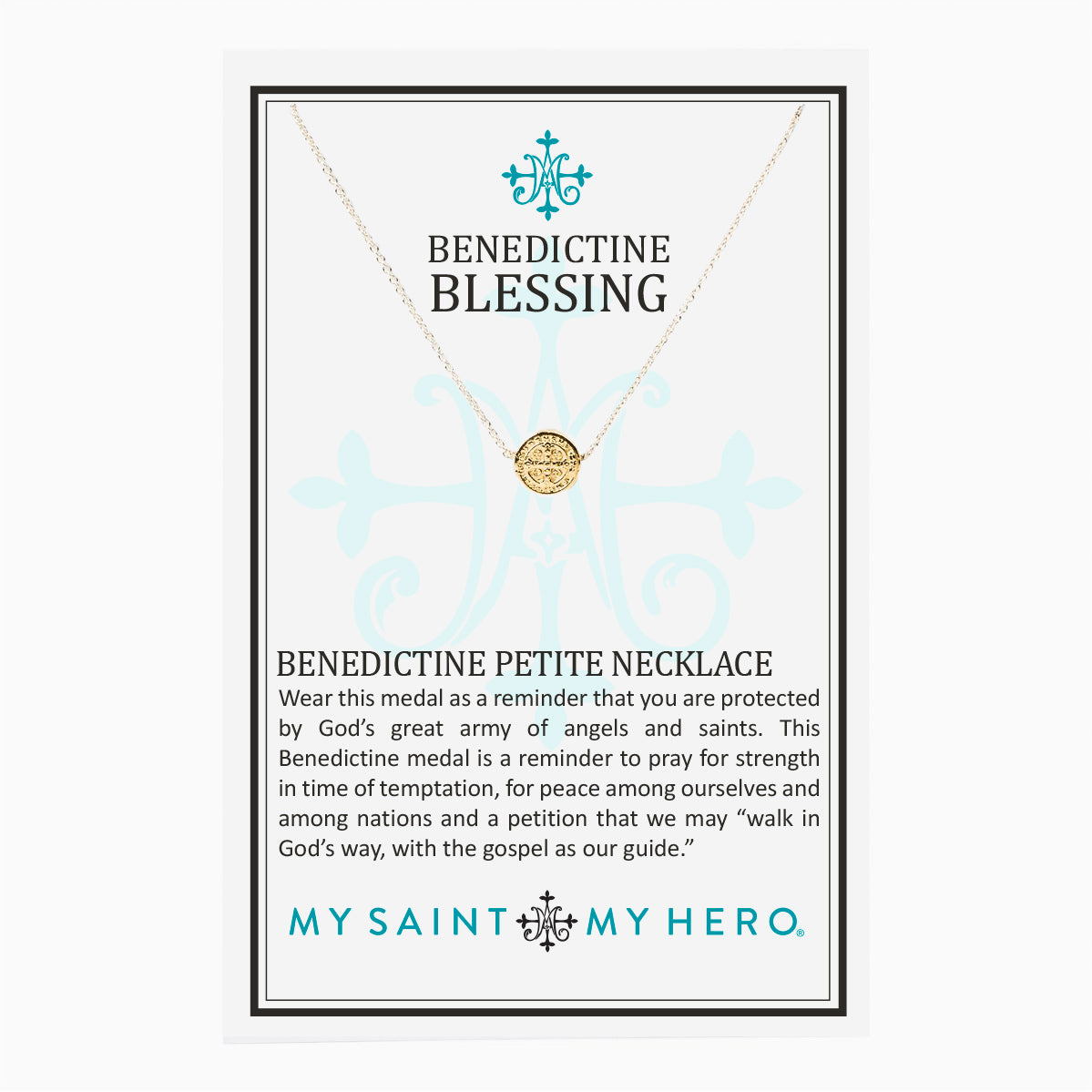 Benedictine Blessing Saint Benedict Petite Necklace on inspirational card