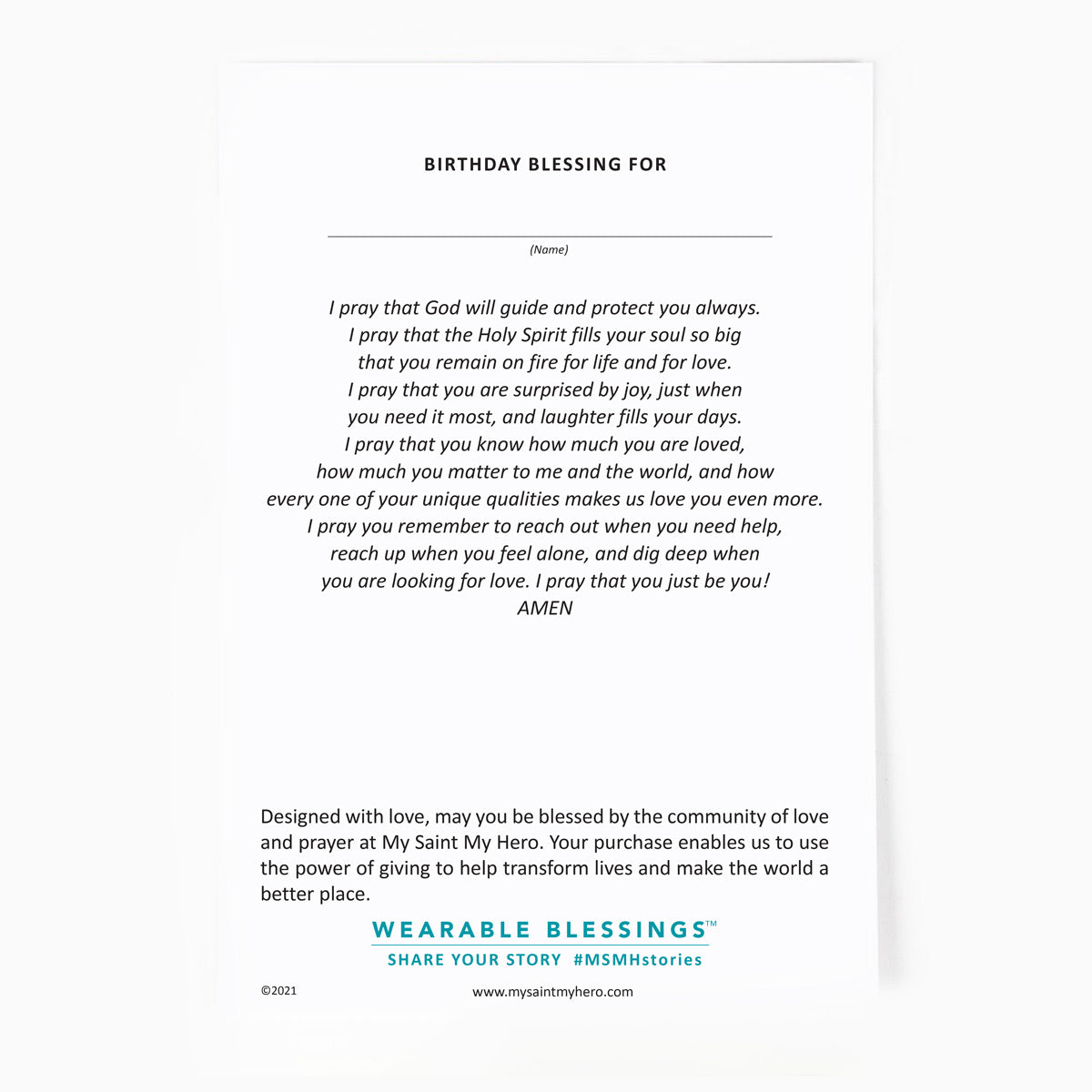 the back of the product card with a Birthday Blessing Prayer
