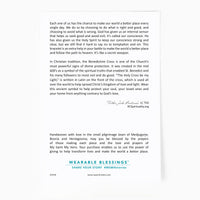 Back of the Blessing for A Cure Product Card with information about the St. Benedict Medal of Protection