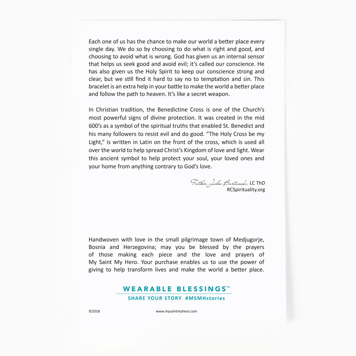 Back of the Blessing for A Cure Product Card with information about the St. Benedict Medal of Protection
