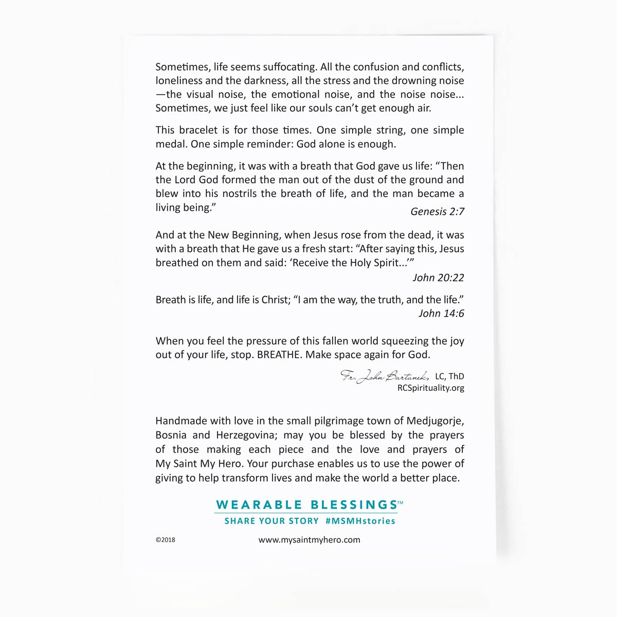 the back of the My Saint My Hero Breath card with Bible verses and a quote from Father John 