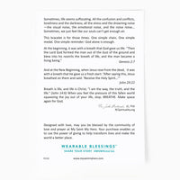 Back of the My Saint My Hero Breathe Chain Bracelet card with Bible verses