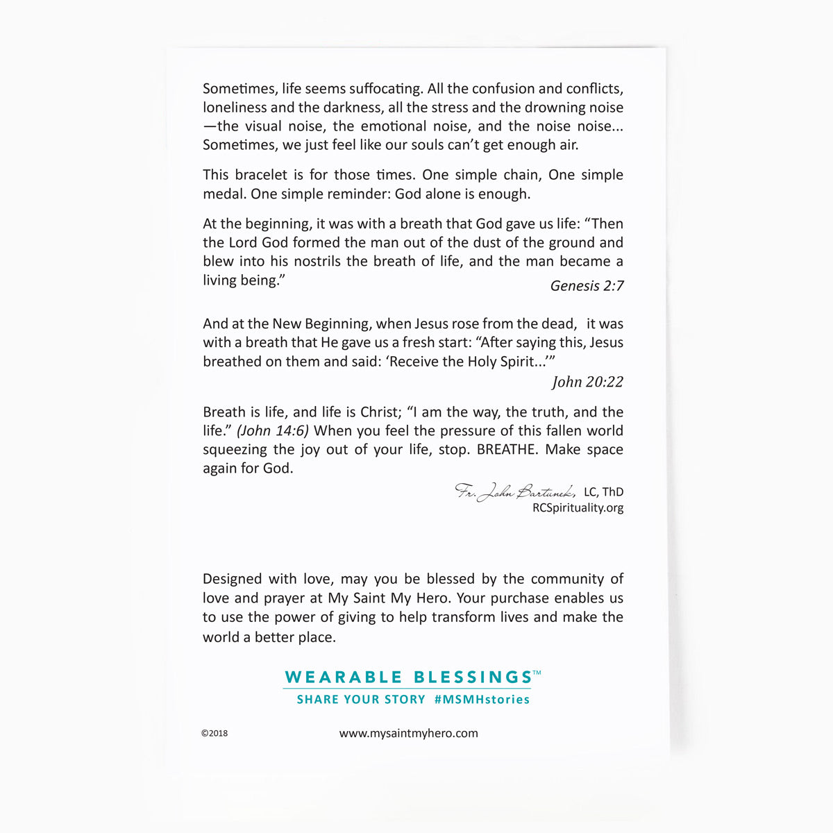 Back of the My Saint My Hero Breathe Chain Bracelet card with Bible verses