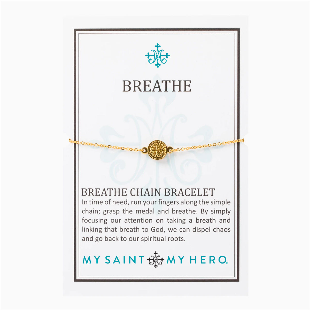 dainty gold chain st. benedict medal breathe bracelet on a inspirational card