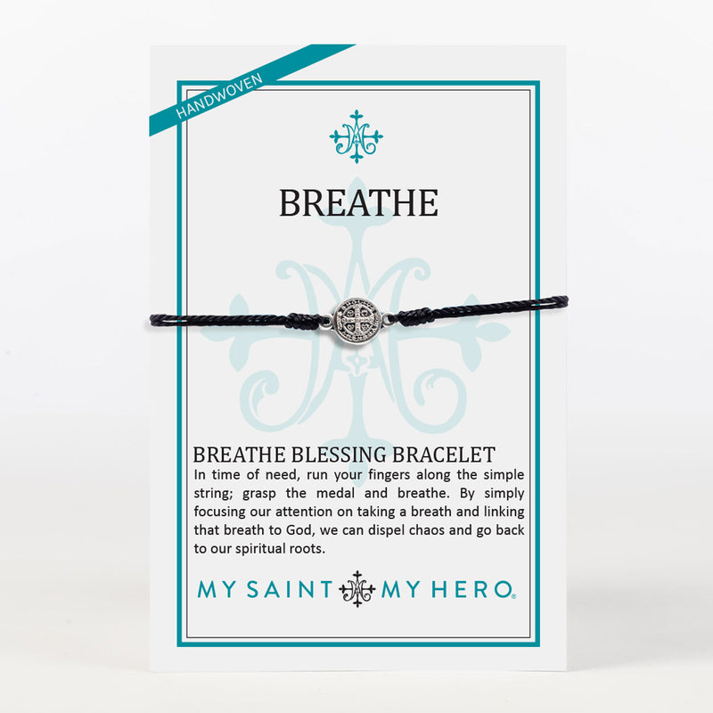Breathe Blessing Bracelet Black cording and Silver tone Benedictine Medal of protection on Inspirational Card