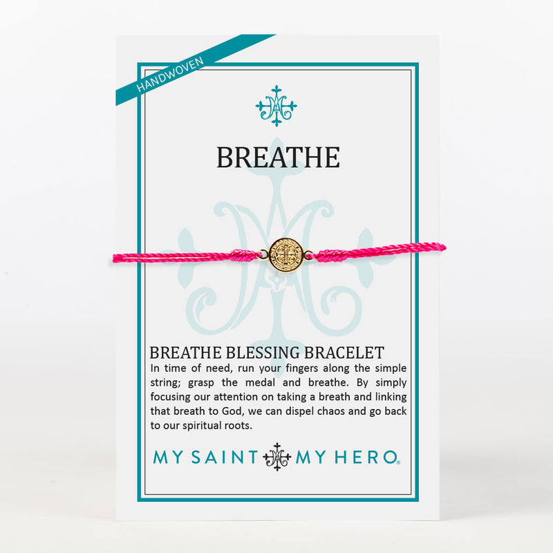 Red cording, gold tone Benedictine Medal My Saint My Hero Breathe Bracelet on product card