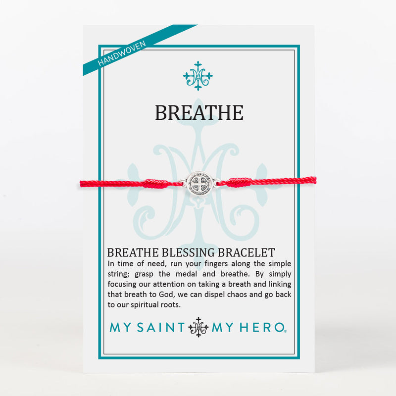Red Breathe Bracelet with silver tone St. Benedict Medal on Inspiration Card