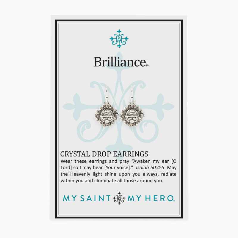 Brilliance Crystal Drop Earrings in silver tone with crystals on product card