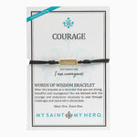 Courage Words of Wisdom Bracelet with gold tone courage medal and black bracelet cording on a My Saint My Hero product card
