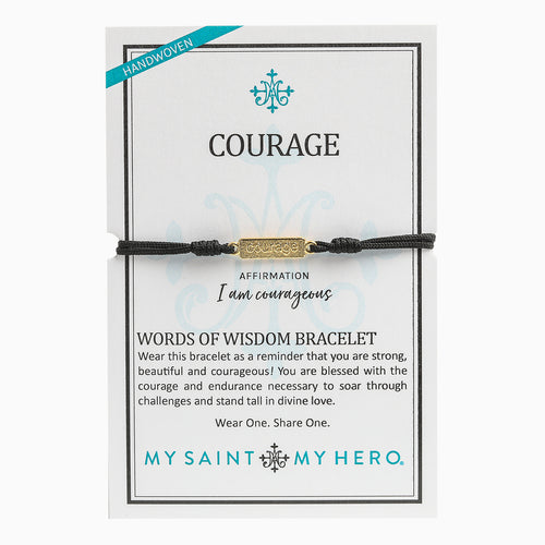 Courage Words of Wisdom Bracelet with gold tone courage medal and black bracelet cording on a My Saint My Hero product card
