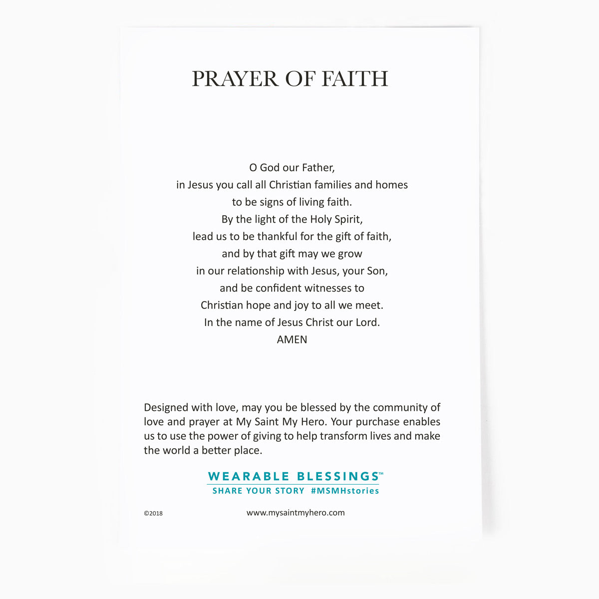 Prayer of Faith on the back of the Petite Faith Necklace card