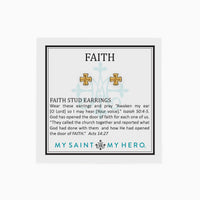 Dainty Gold Faith Stud Earrings on Religious Inspirational Card with Isaiah 50:4-5 Acts 14:27 Bible Verses