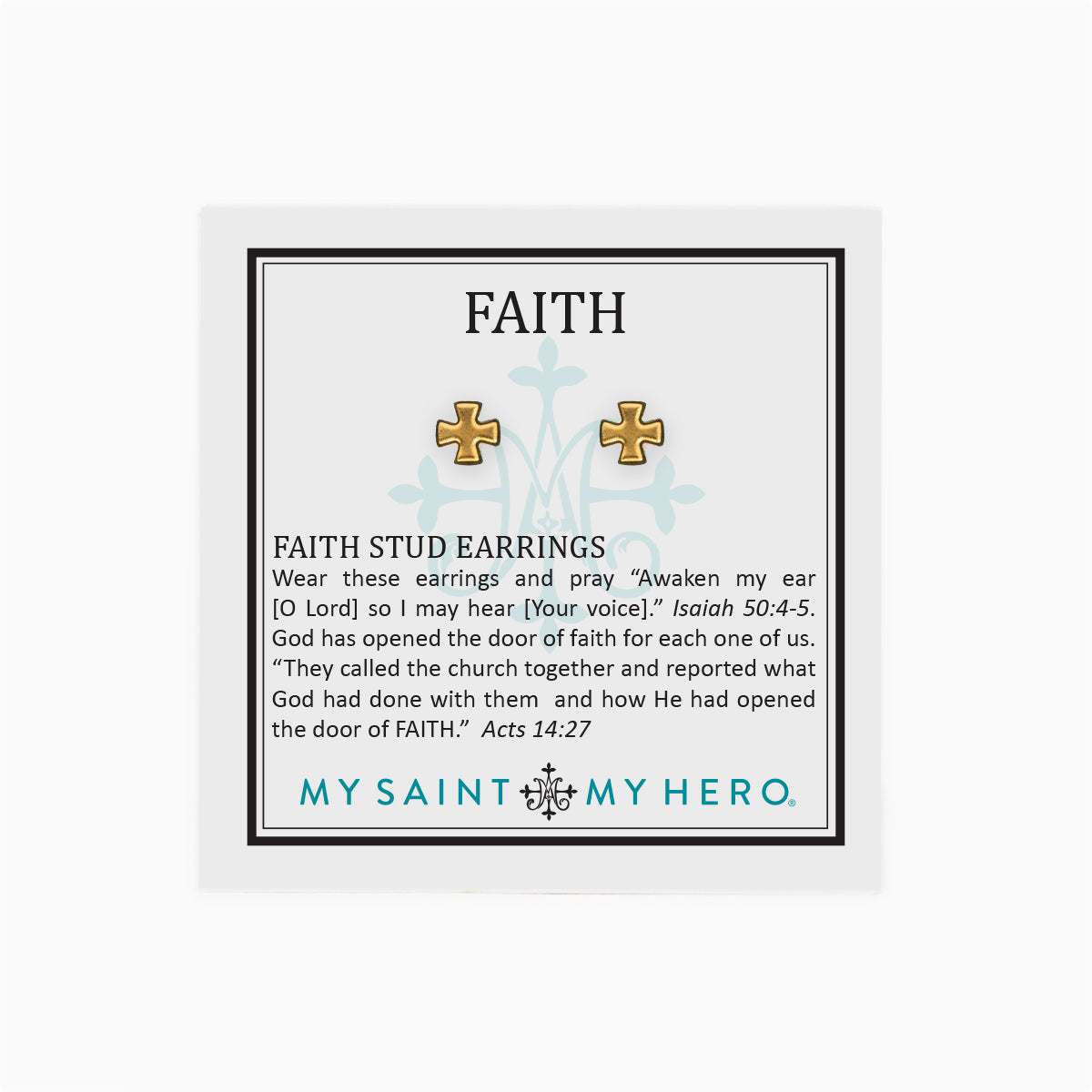 Dainty Gold Faith Stud Earrings on Religious Inspirational Card with Isaiah 50:4-5 Acts 14:27 Bible Verses
