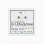 Dainty Gold Faith Stud Earrings on Religious Inspirational Card with Isaiah 50:4-5 Acts 14:27 Bible Verses