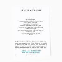 the back of the Filled by Faith Bracelet card with a Prayer of Faith